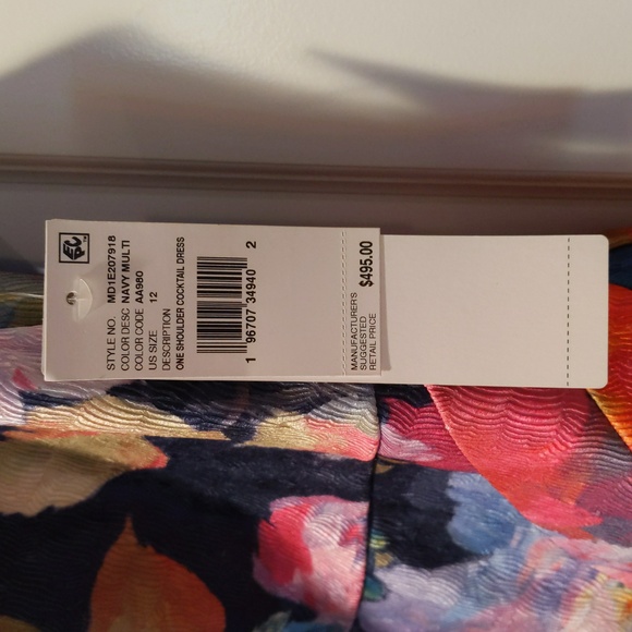 Aidan Mattox One Shoulder Draped Floral Gown With Thigh Slit In Navy Multi - Picture 8 of 14